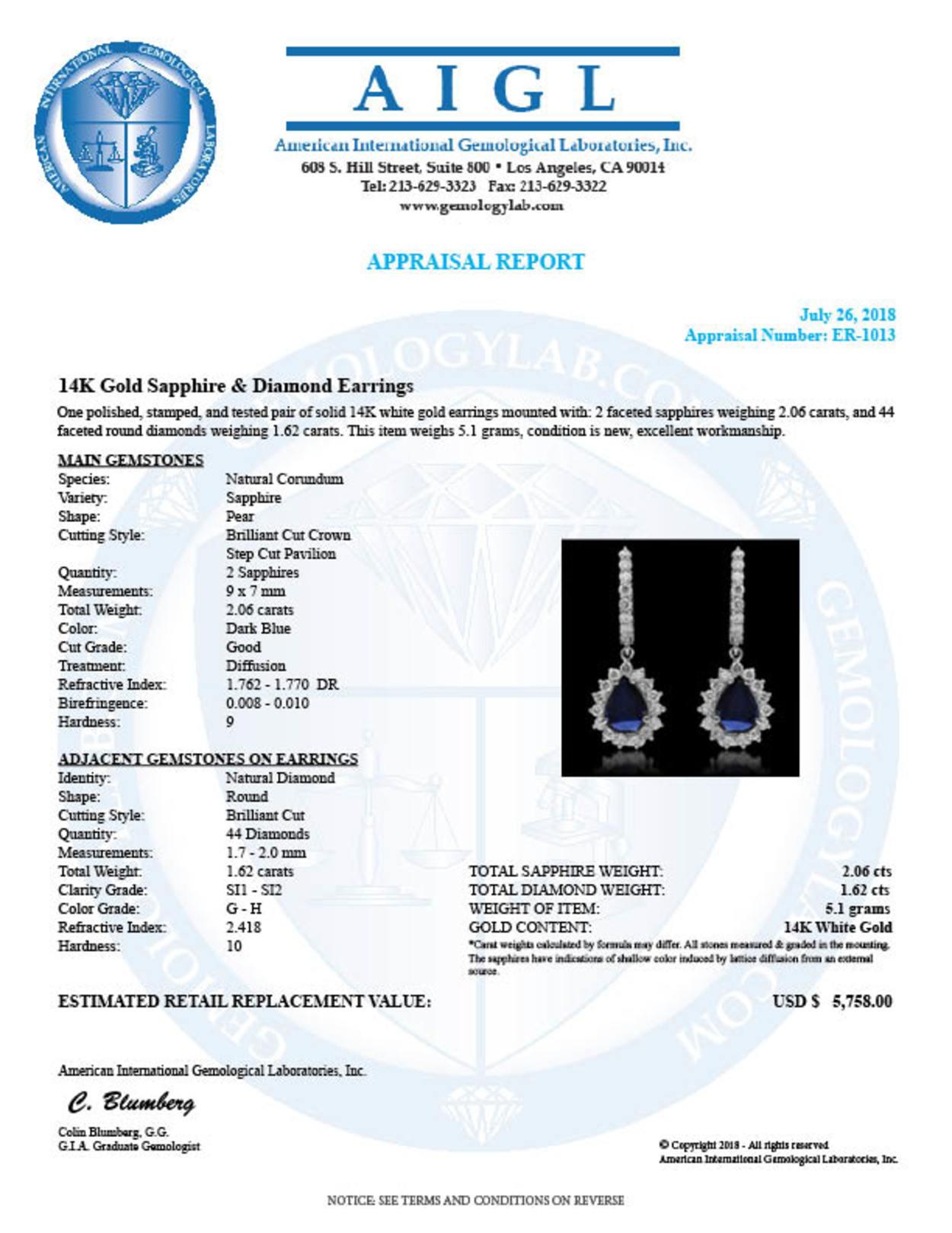 14K Gold 2.06ct Sapphire & 1.62ct Diamond Earrings