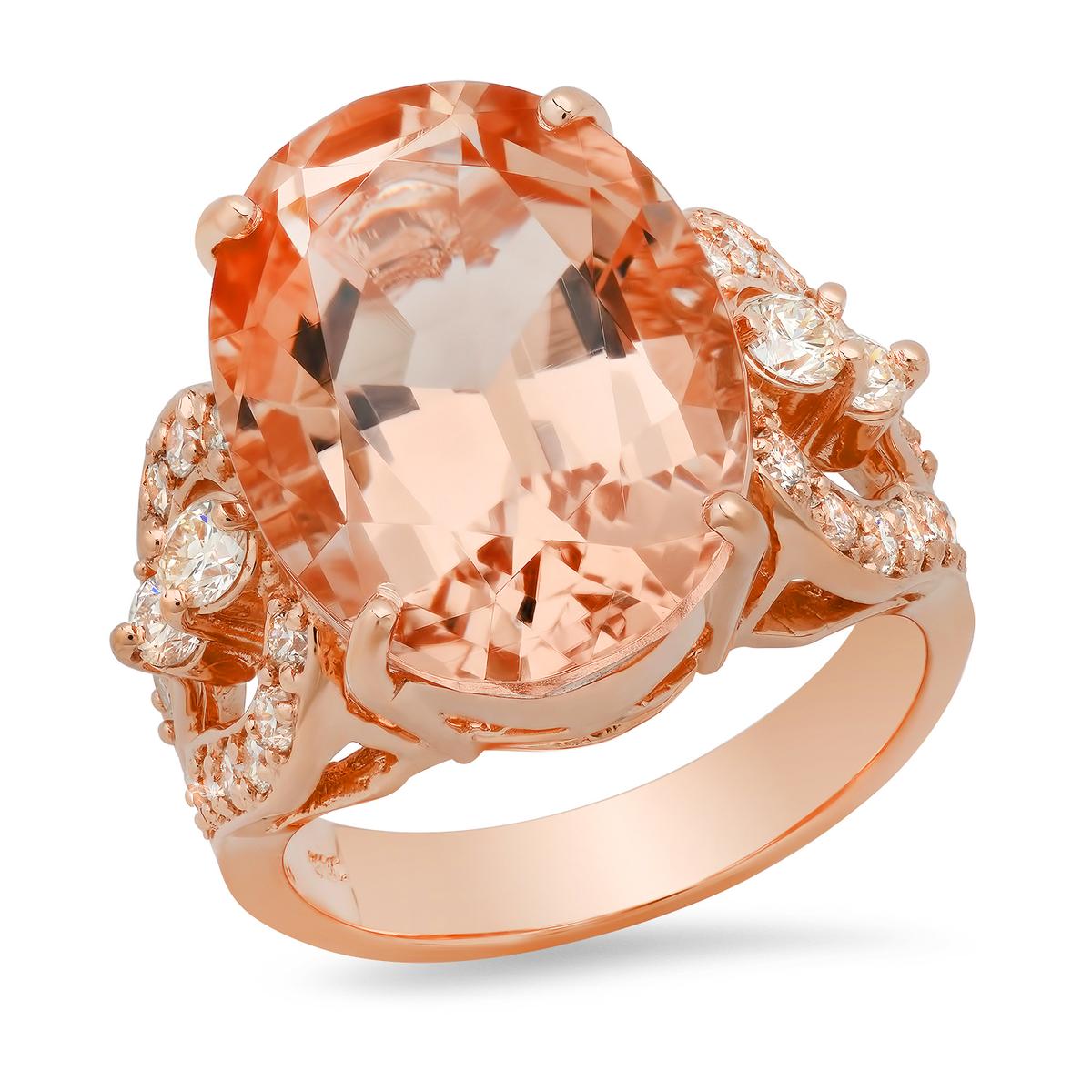 14K Rose Gold with 12.48ct Morganite and 0.90ct Diamond Ladies Ring