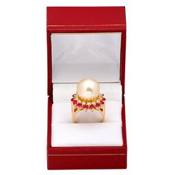 14k Yellow Gold 14mm Pearl 1.42ct Ruby 0.68ct Diamond Ring