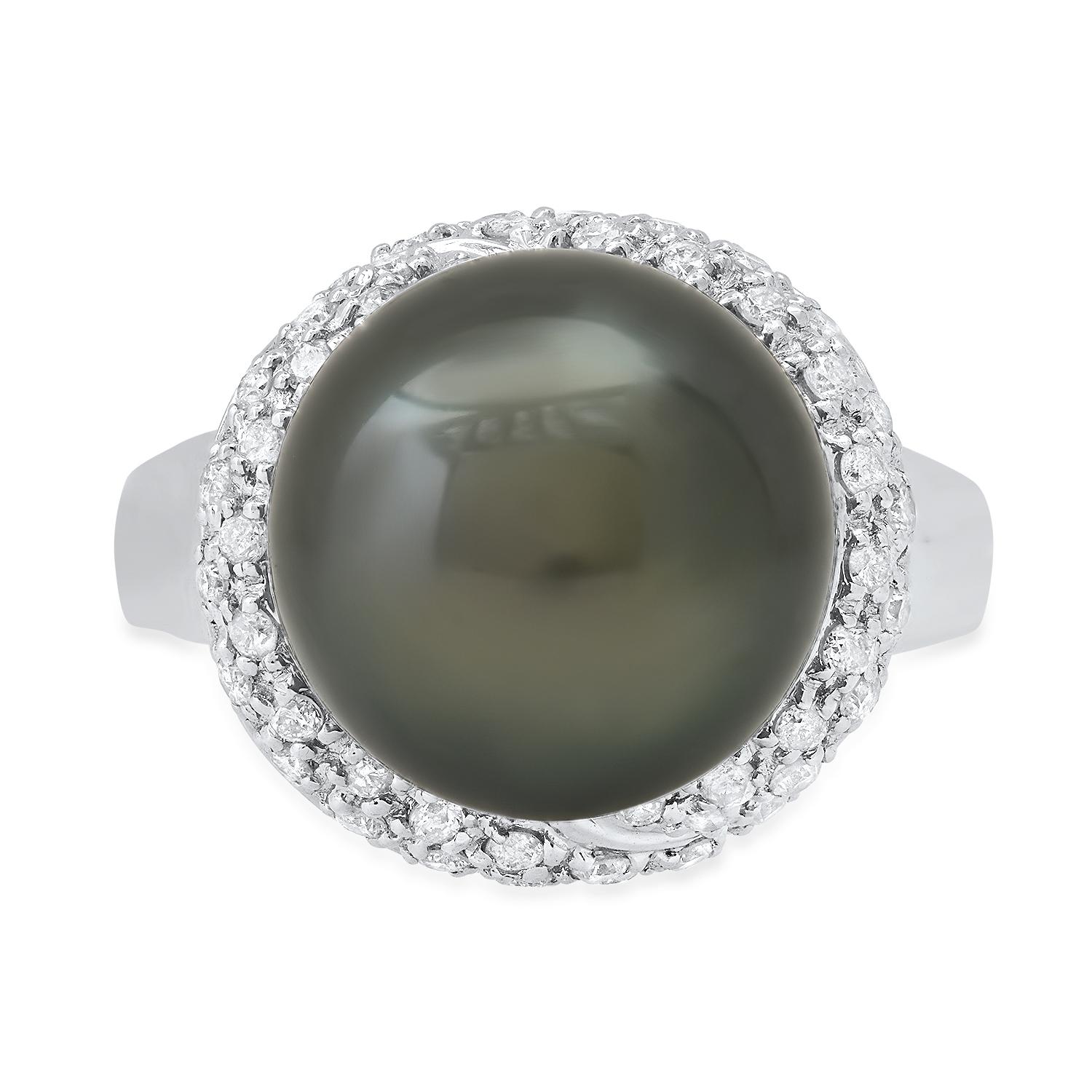 14K White Gold Setting with 13.5mm Tahitian Black Pearl and 0.21ct Diamond Ladies Ring