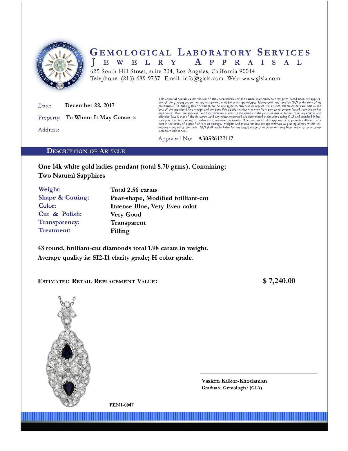 14k White Gold 2.56ct Sapphire 1.98ct Diamond Necklace