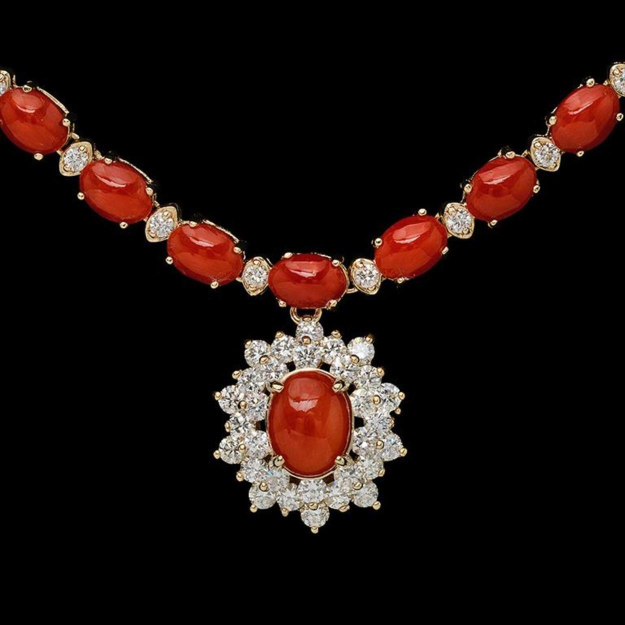 14K Gold 31.07ct Coral & 2.79ct Diamond Necklace