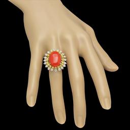 14K Yellow Gold 8.0ct Coral 1.79ct Sapphire and 1.47ct Diamond Ring