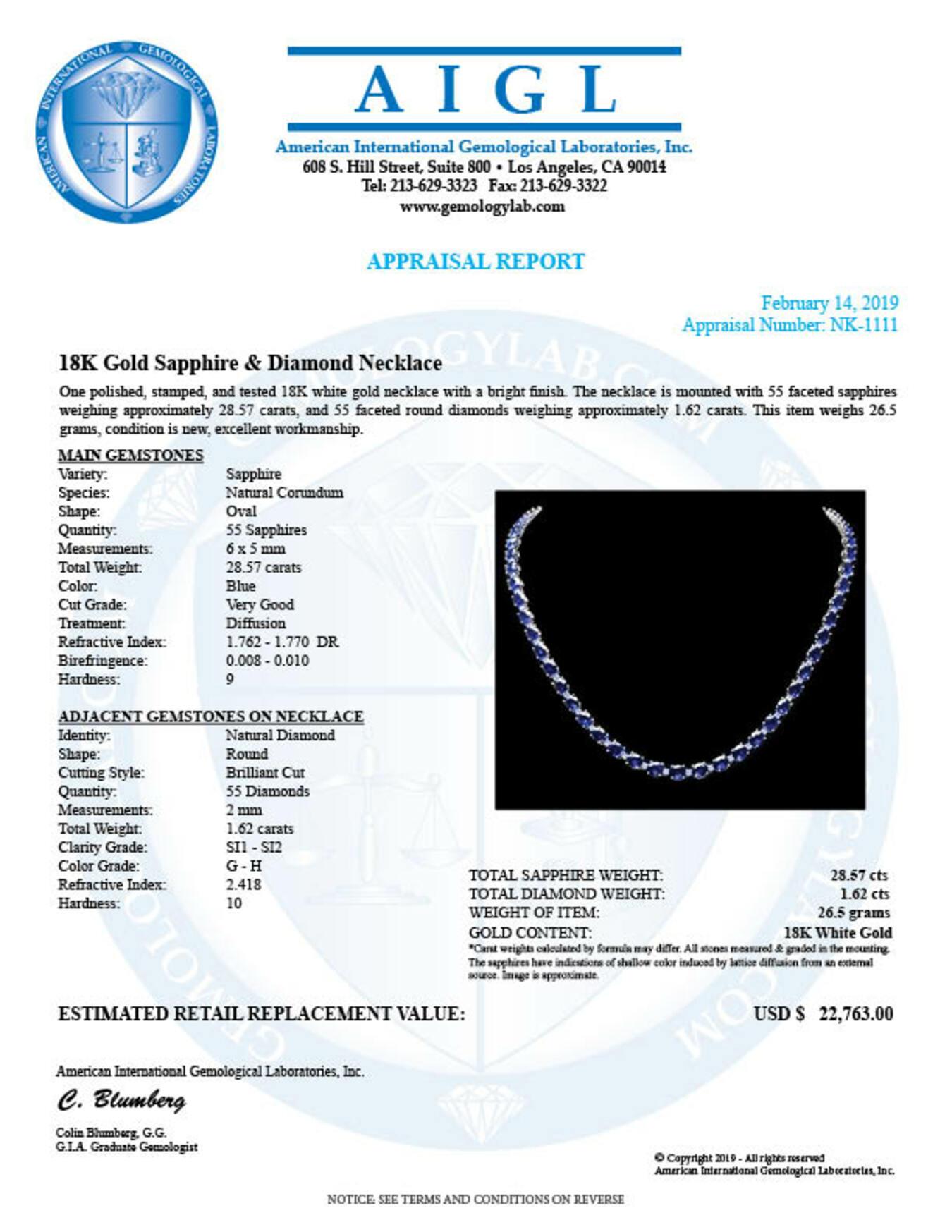 14K White Gold 28.57ct Sapphire and 1.62ct Diamond Necklace