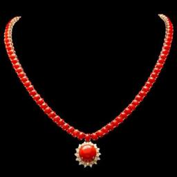 14K Yellow Gold 37.38ct Coral and 0.87ct Diamond Necklace