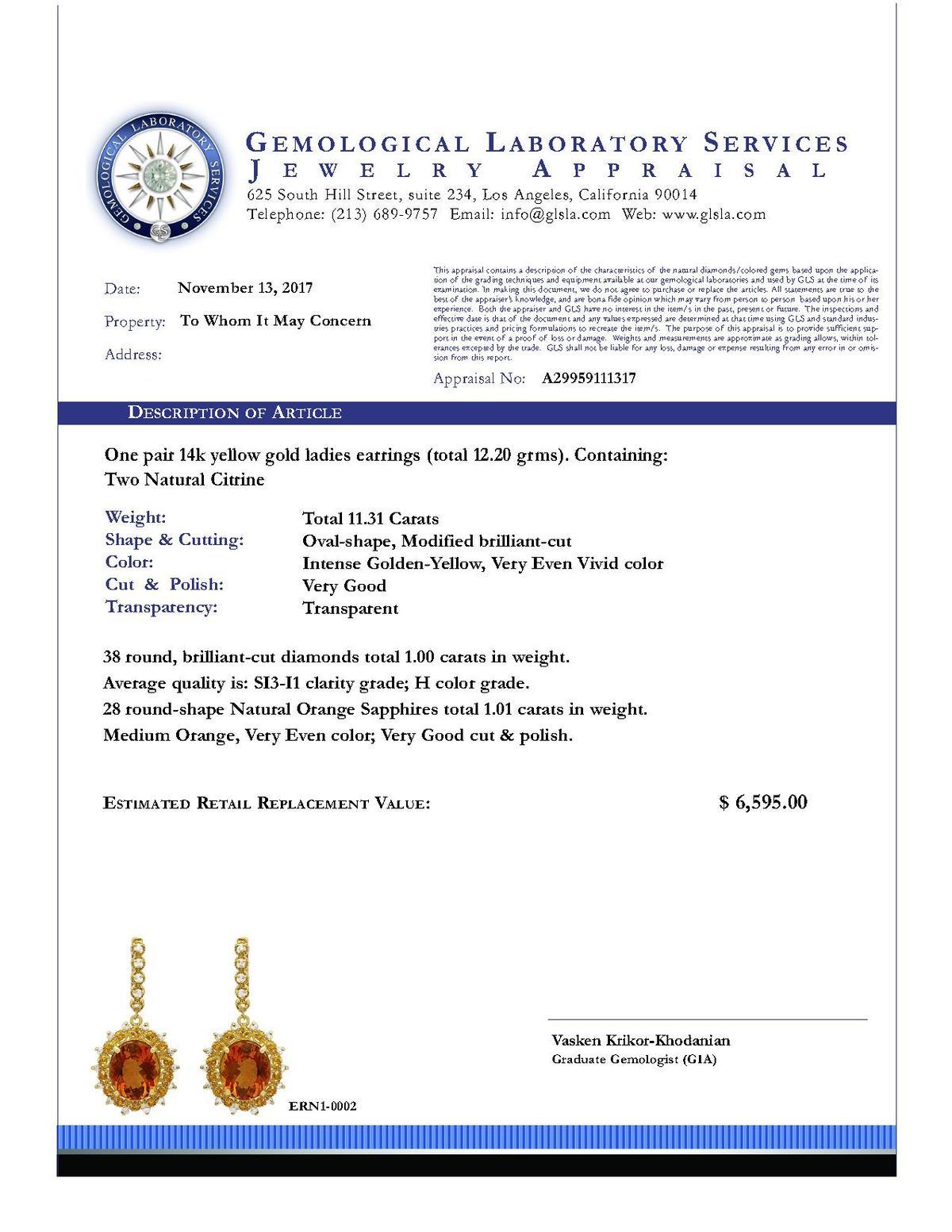 14k Yellow Gold 11.31ct Citrine 1.01ct Sapphire 1.00ct Diamond Earrings