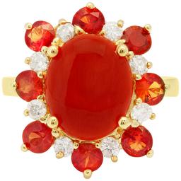 14k Yellow Gold 2.15ct Coral 1.42ct Orange Sapphire 0.35ct Diamond Ring