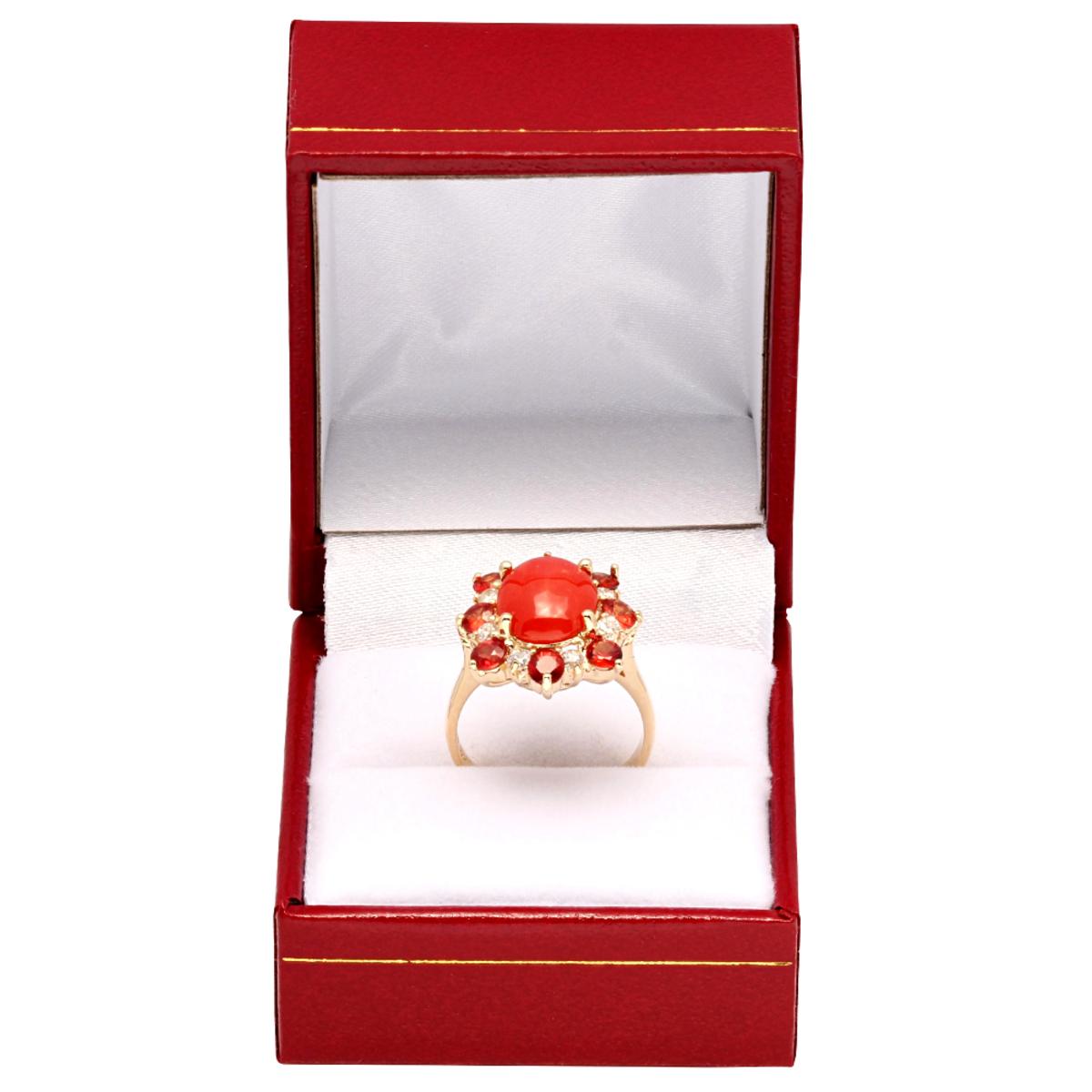 14k Yellow Gold 2.15ct Coral 1.42ct Orange Sapphire 0.35ct Diamond Ring