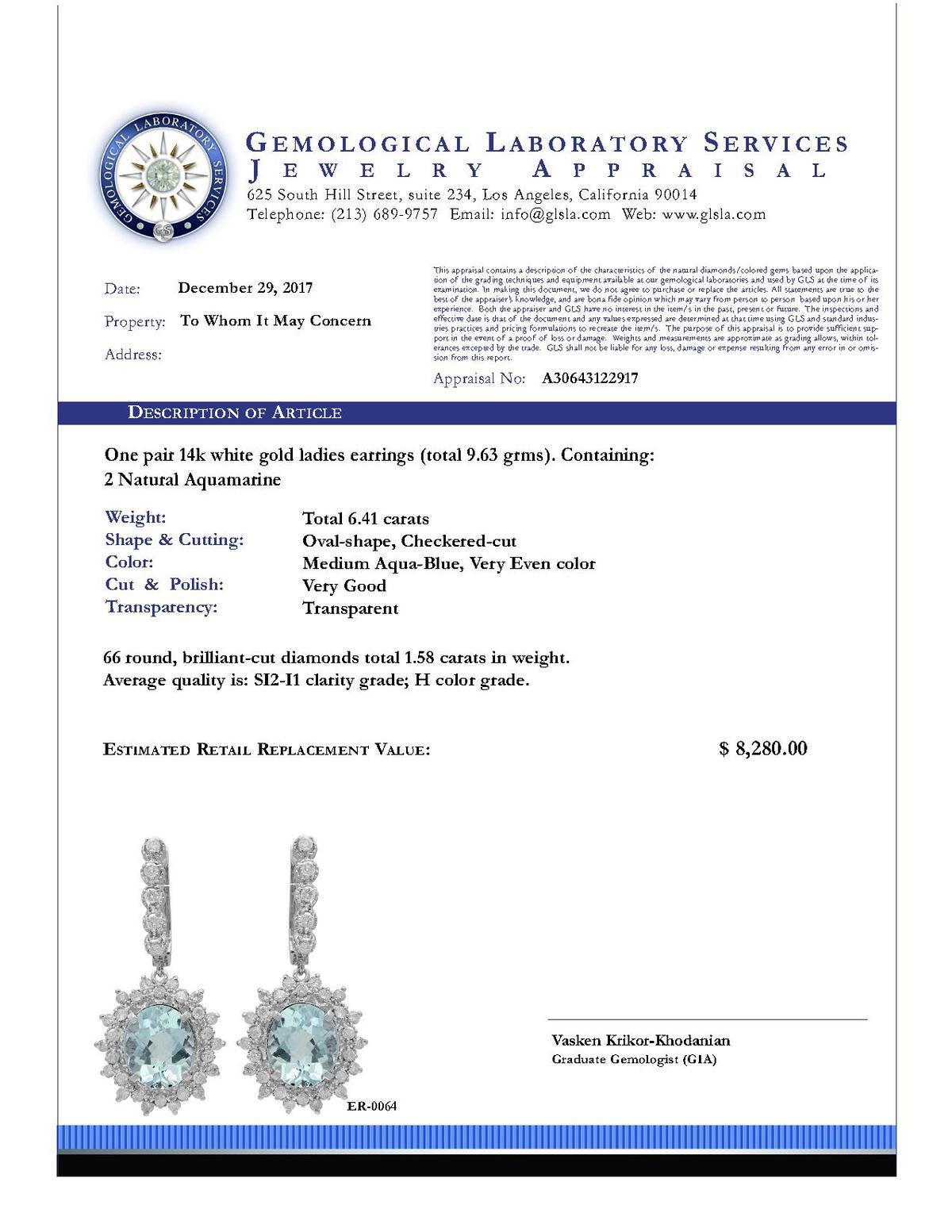 14k White Gold 6.41ct Aquamarine 1.58ct Diamond Earrings