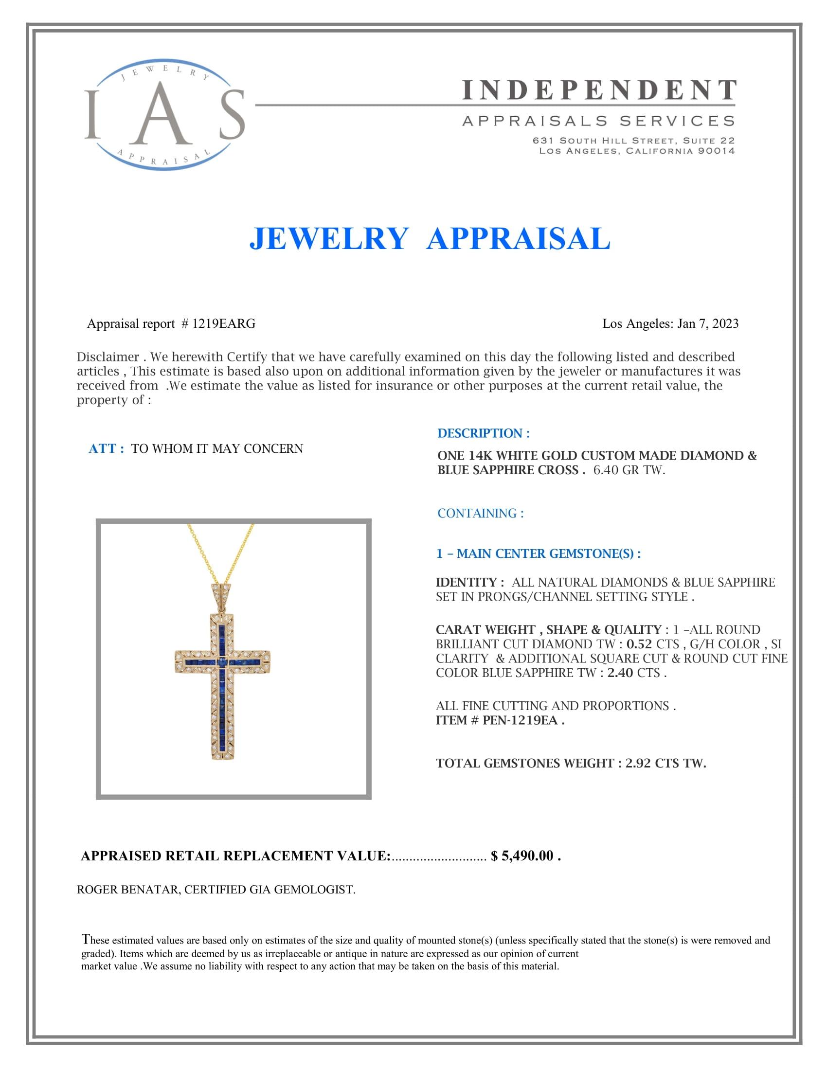 14K White Gold Setting with 2.40ct Sapphire and 0.52ct Diamond Cross Pendant