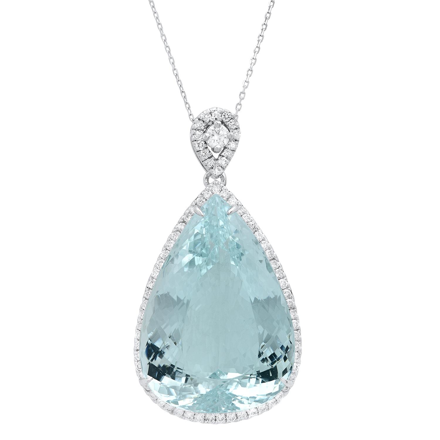 14K White Gold 43.75ct Aquamarine and 1.54ct Diamond Pendant