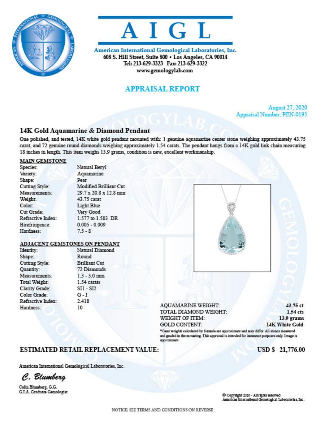 14K White Gold 43.75ct Aquamarine and 1.54ct Diamond Pendant