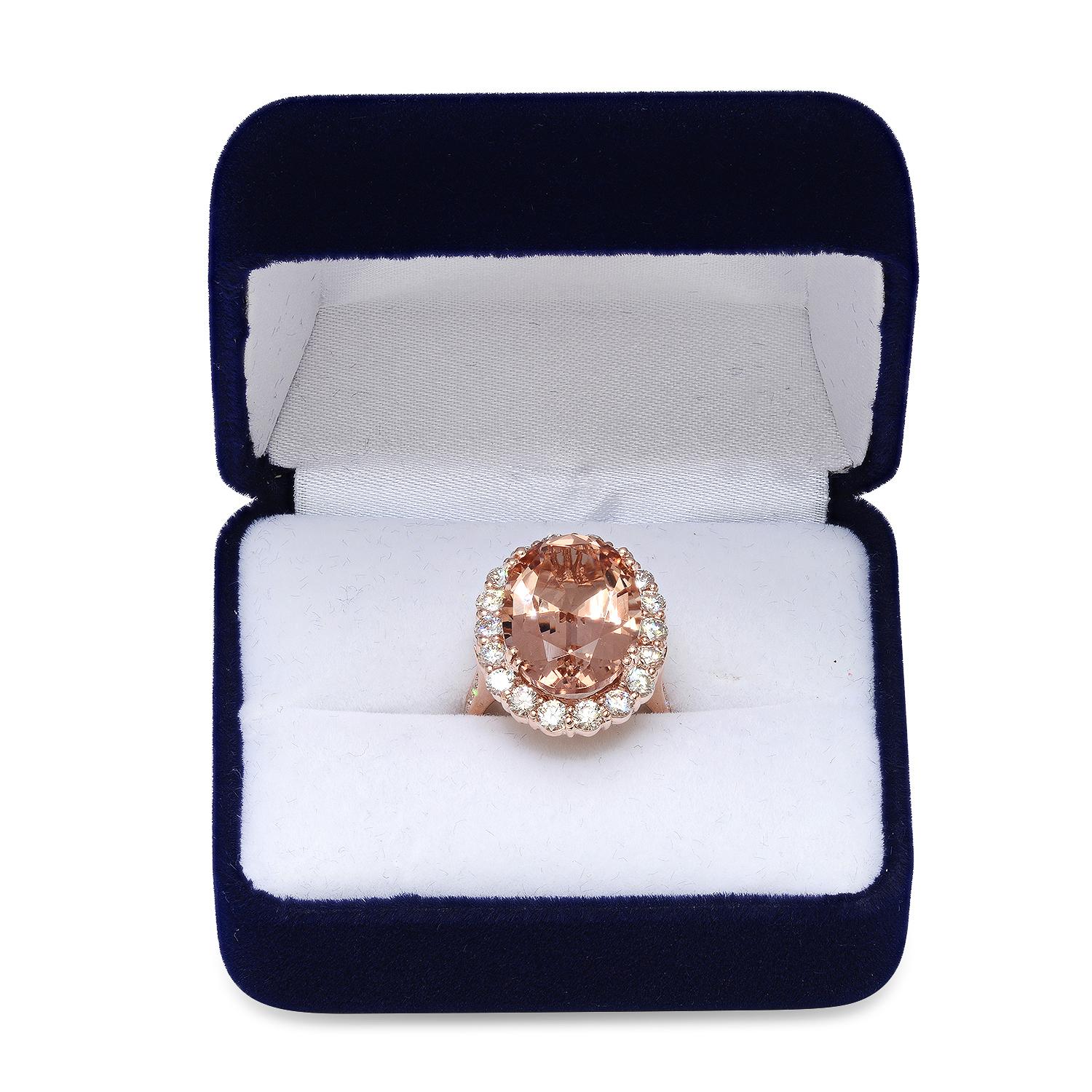 14K Rose Gold with 13.35ct Morganite and 1.84ct Diamond Ladies Ring