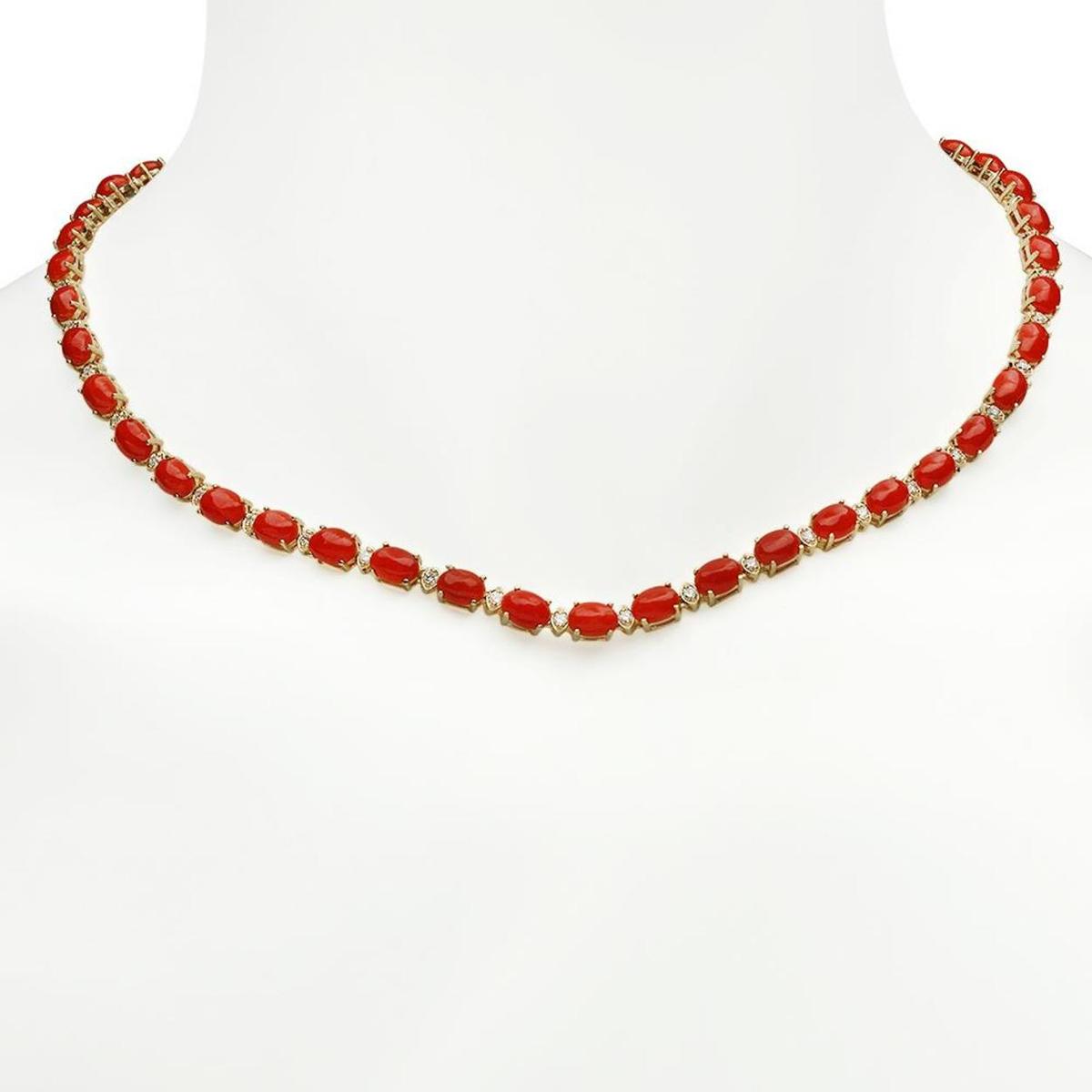 14K Gold 26.54ct Coral 1.81ct Diamond Necklace