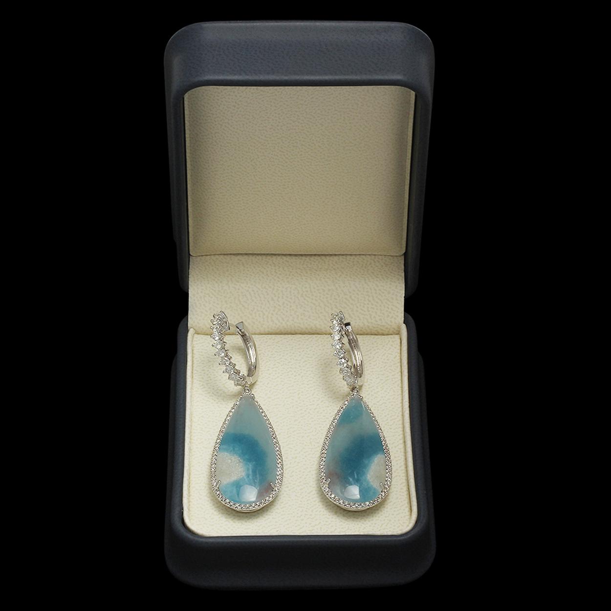 14K Gold 35.18ct Chalcedony 2.29ct Diamond Earrings