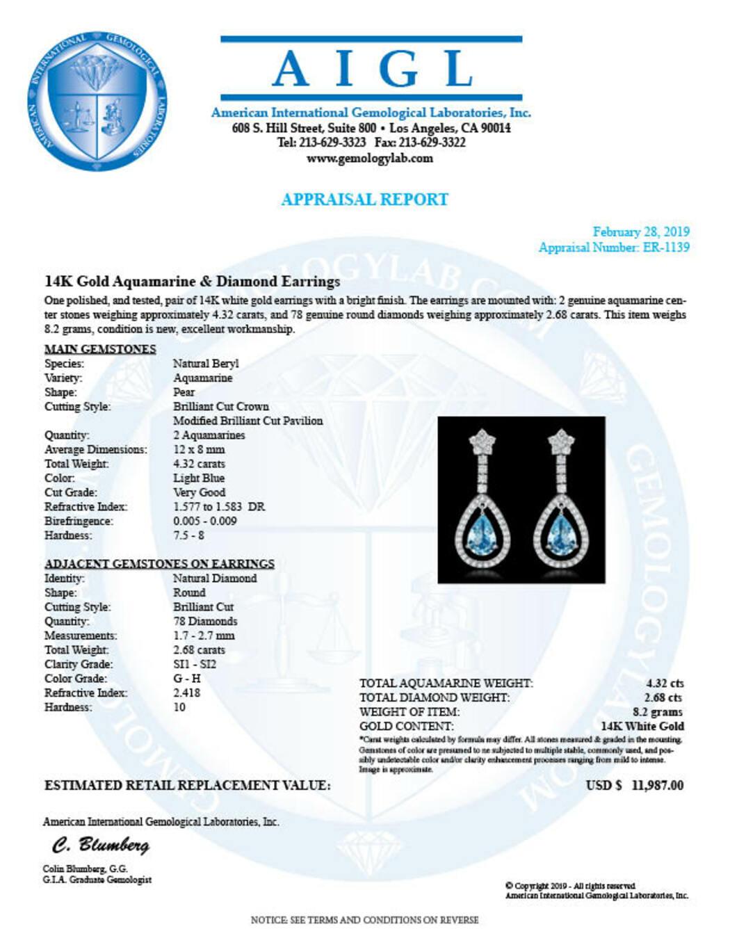 14K White Gold 4.32ct Aquamarine and 2.68ct Diamond Earrings