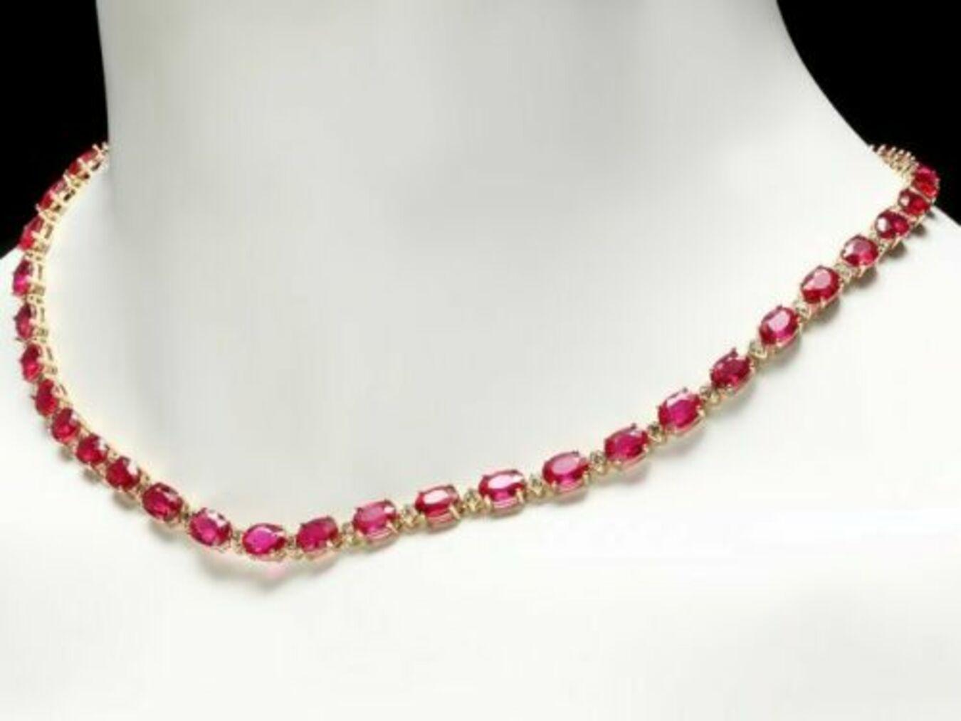 14K Yellow Gold 43.25ct Ruby and 1.15ct Diamond Necklace