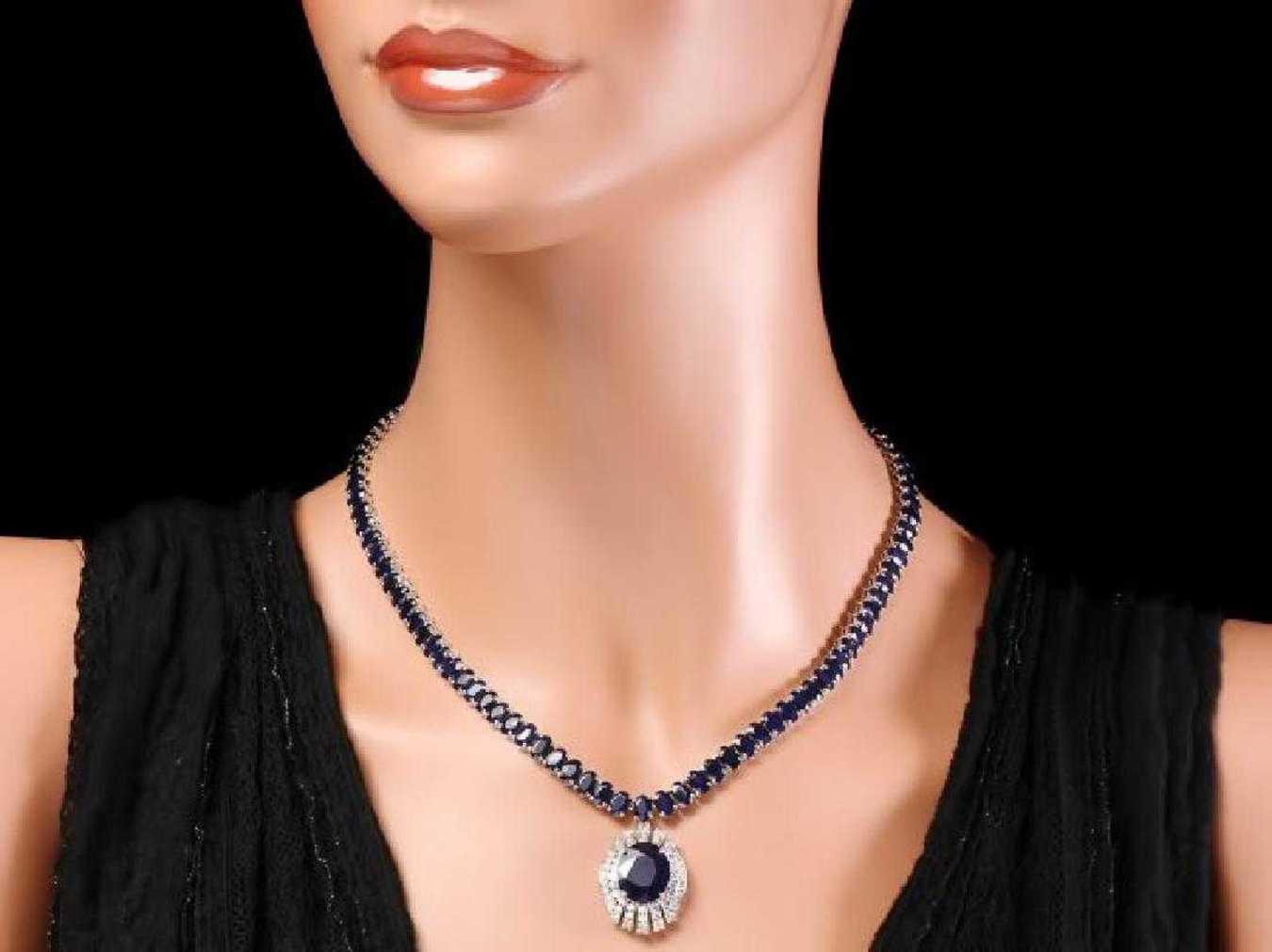 14K White Gold 58.0ct Sapphire and 1.74ct Diamond Necklace