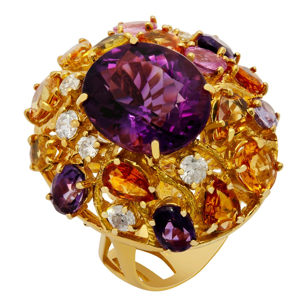 14k Yellow Gold 8.85ct Amethyst 5.42ct Multi-Stone 0.72ct Diamond Ring