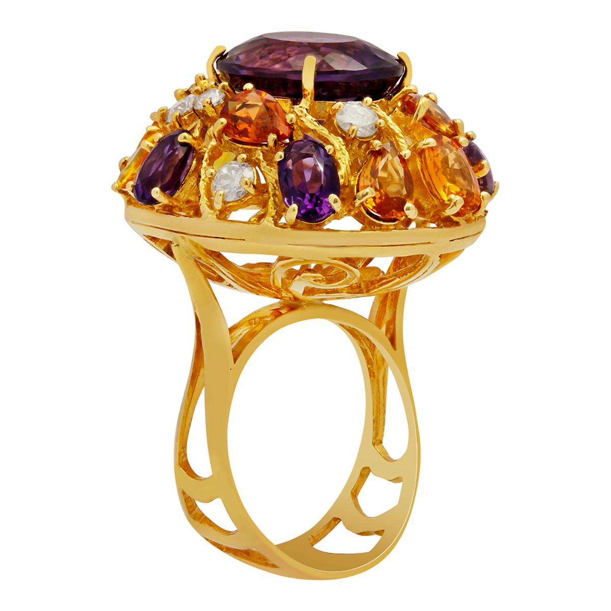 14k Yellow Gold 8.85ct Amethyst 5.42ct Multi-Stone 0.72ct Diamond Ring