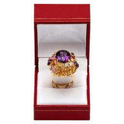 14k Yellow Gold 8.85ct Amethyst 5.42ct Multi-Stone 0.72ct Diamond Ring