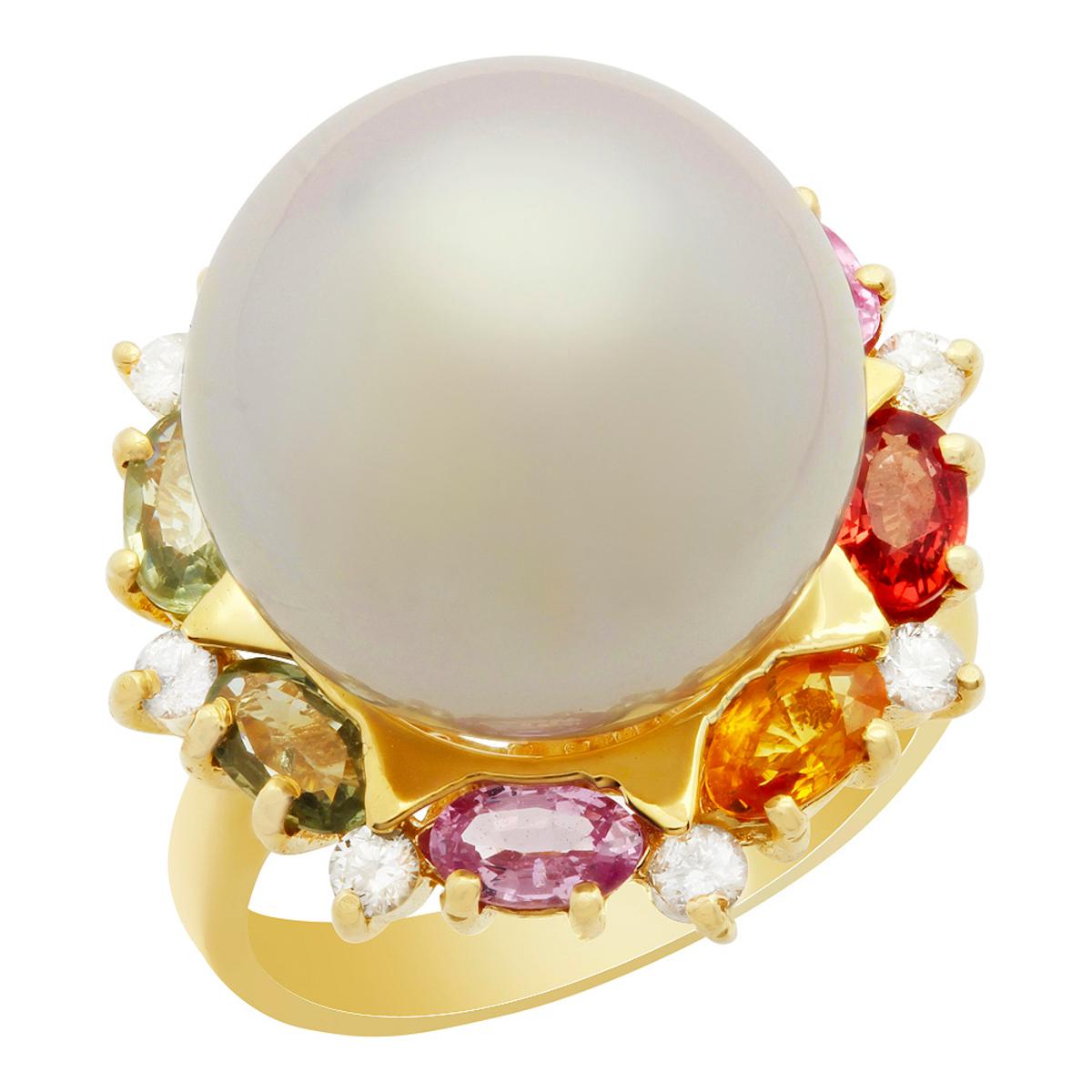 14k Yellow Gold 15.5mm Pearl 2.36ct Sapphire 0.32ct Diamond Ring