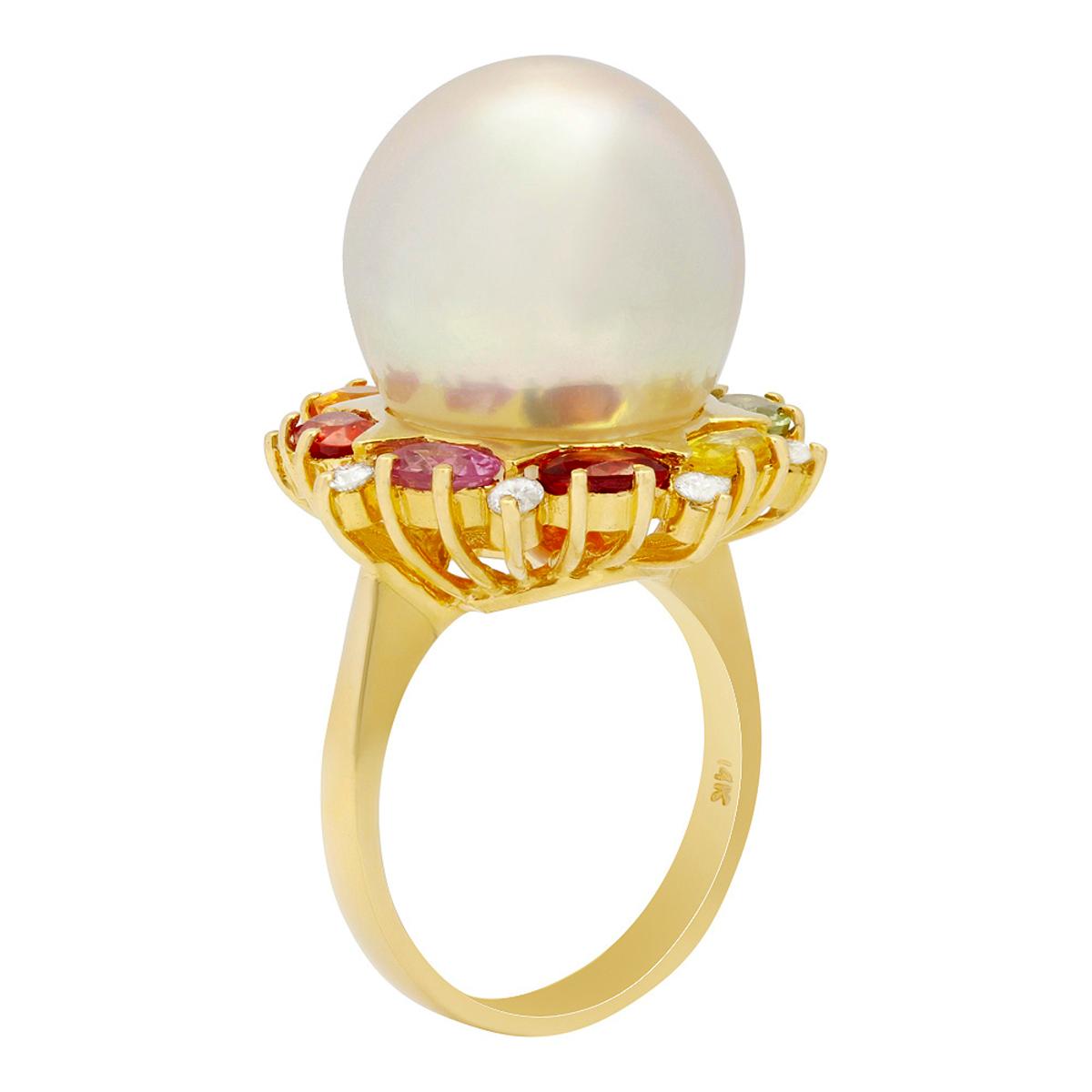 14k Yellow Gold 15.5mm Pearl 2.36ct Sapphire 0.32ct Diamond Ring