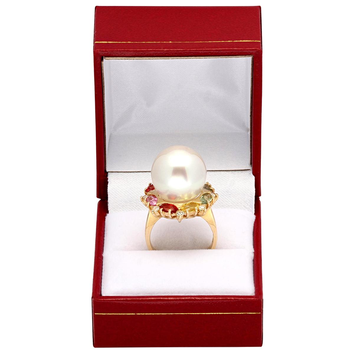 14k Yellow Gold 15.5mm Pearl 2.36ct Sapphire 0.32ct Diamond Ring