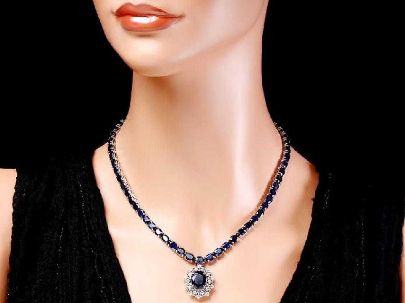 14K White Gold 57.69ct Sapphire and 1.08ct Diamond Necklace