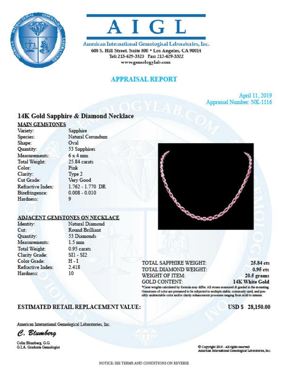 14K White Gold 25.84ct Pink Sapphire and 0.95ct Diamond Necklace