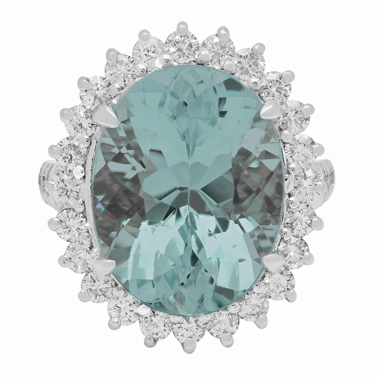 14k White Gold 12.36ct Aquamarine 1.69ct Diamond Ring