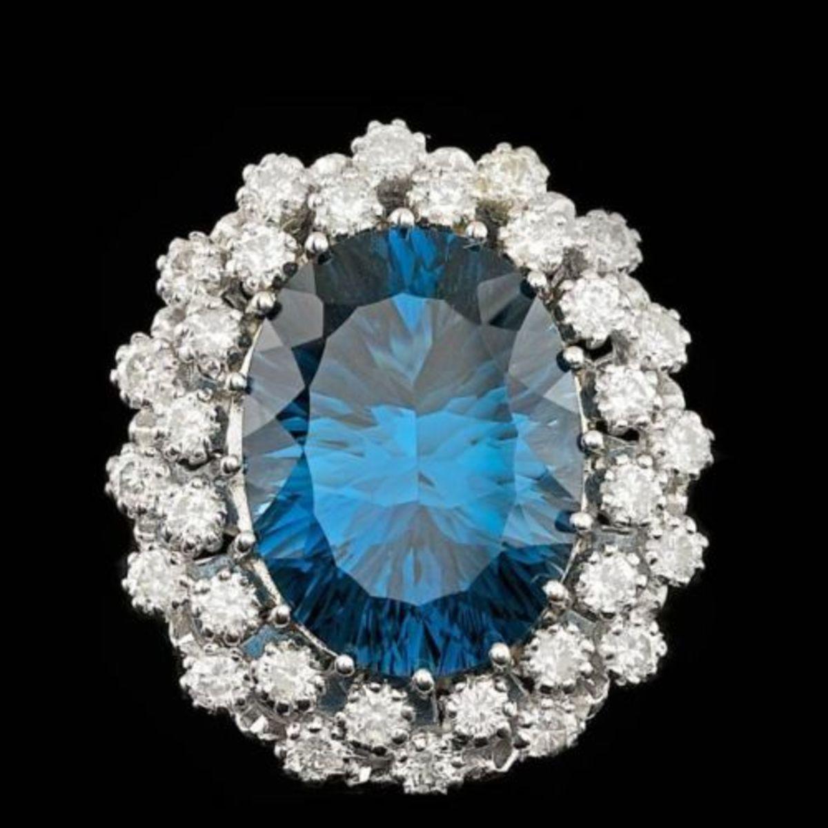 14K White Gold 11.75ct Blue Topaz and 1.51ct Diamond Ring