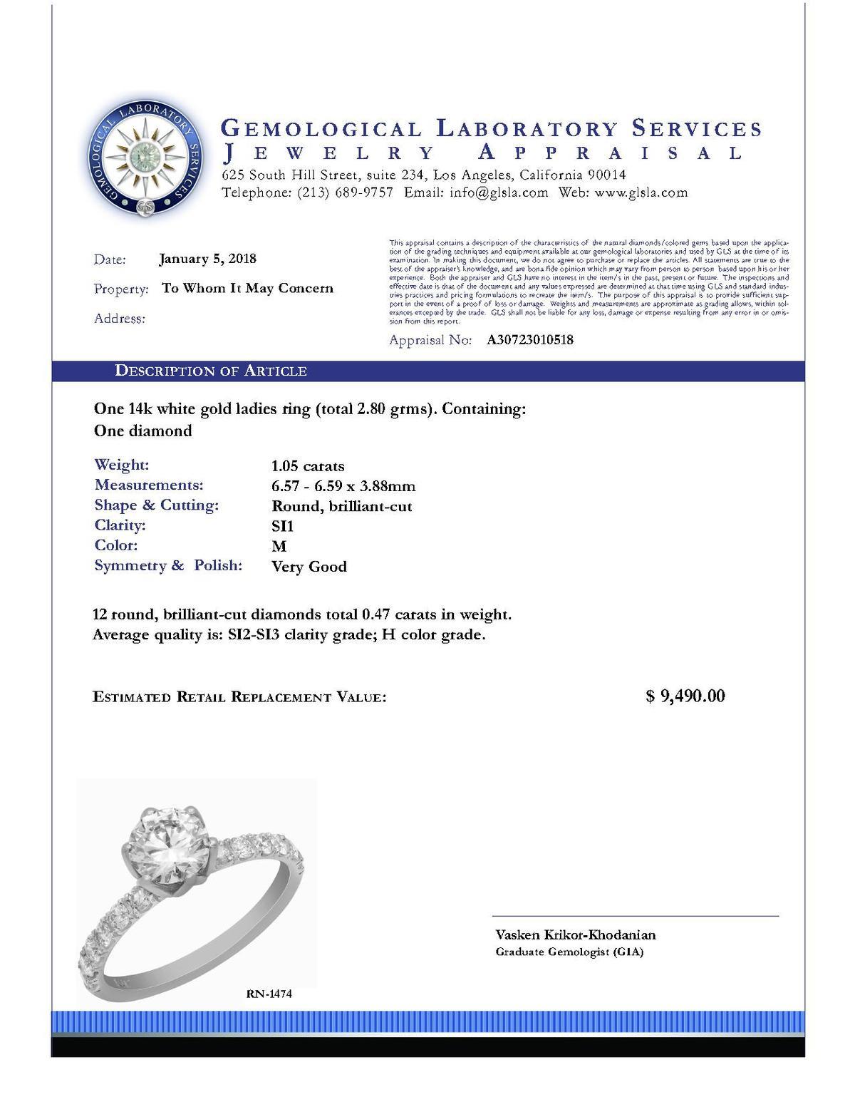14k White Gold 1.05ct Diamond Ring