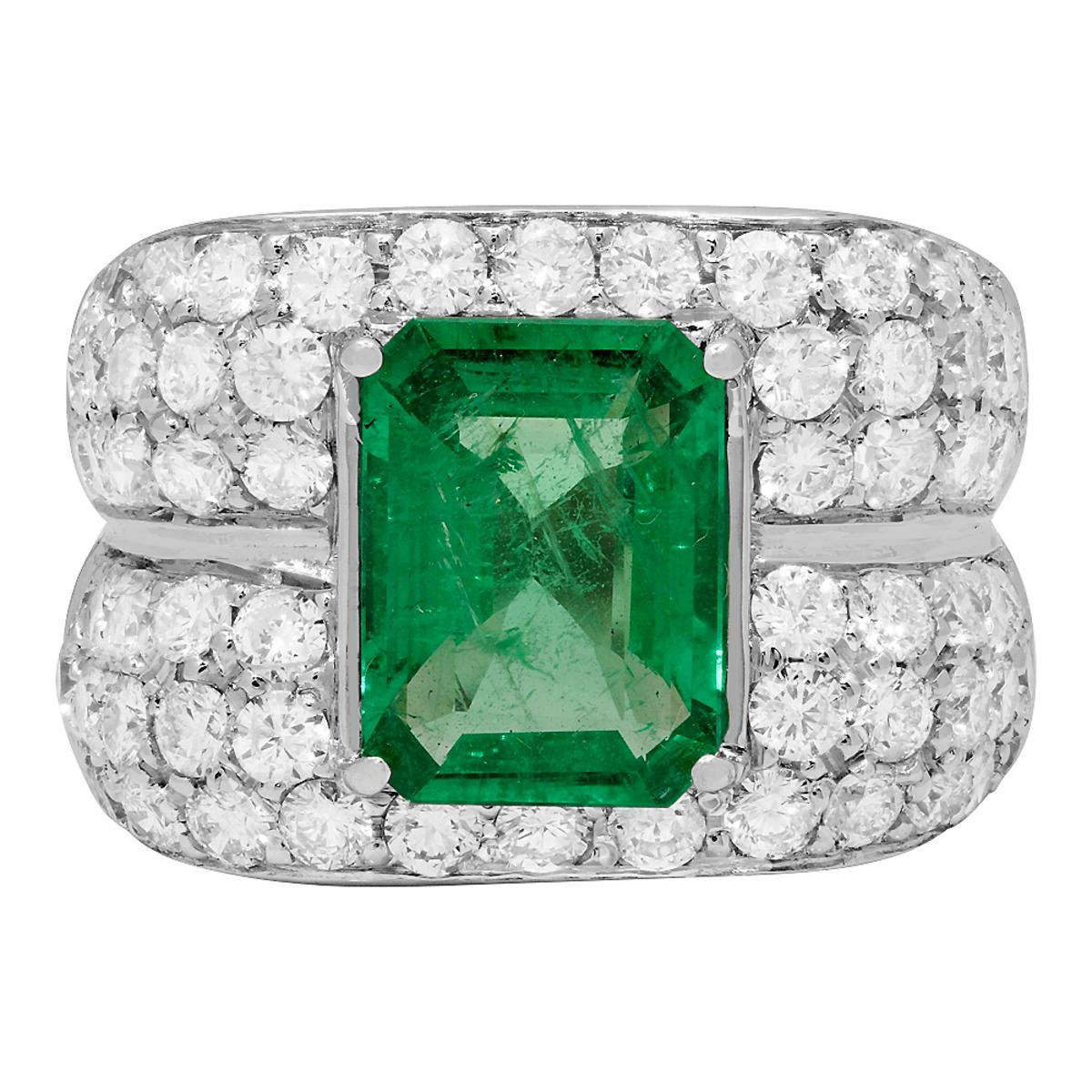 14k White Gold 3.46ct Emerald 3.68ct Diamond Ring