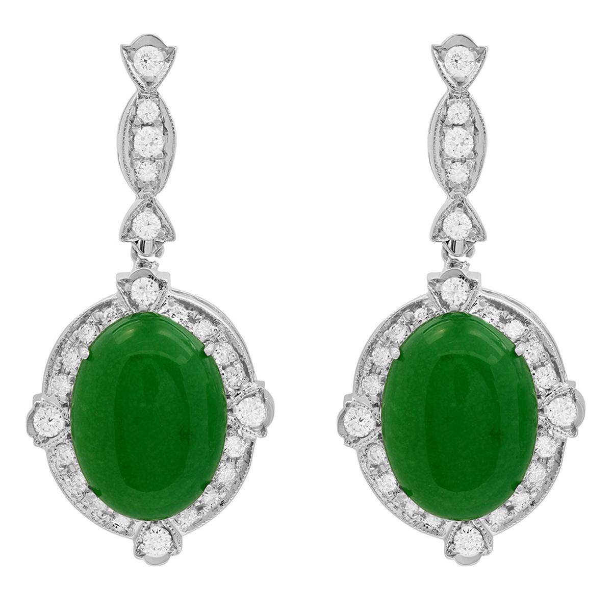 14k White Gold 12.89ct Jade 1.73ct Diamond Earrings