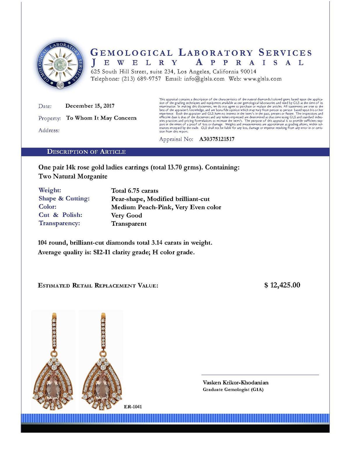 14k Rose Gold 6.75ct Morganite 3.14ct Diamond Earrings