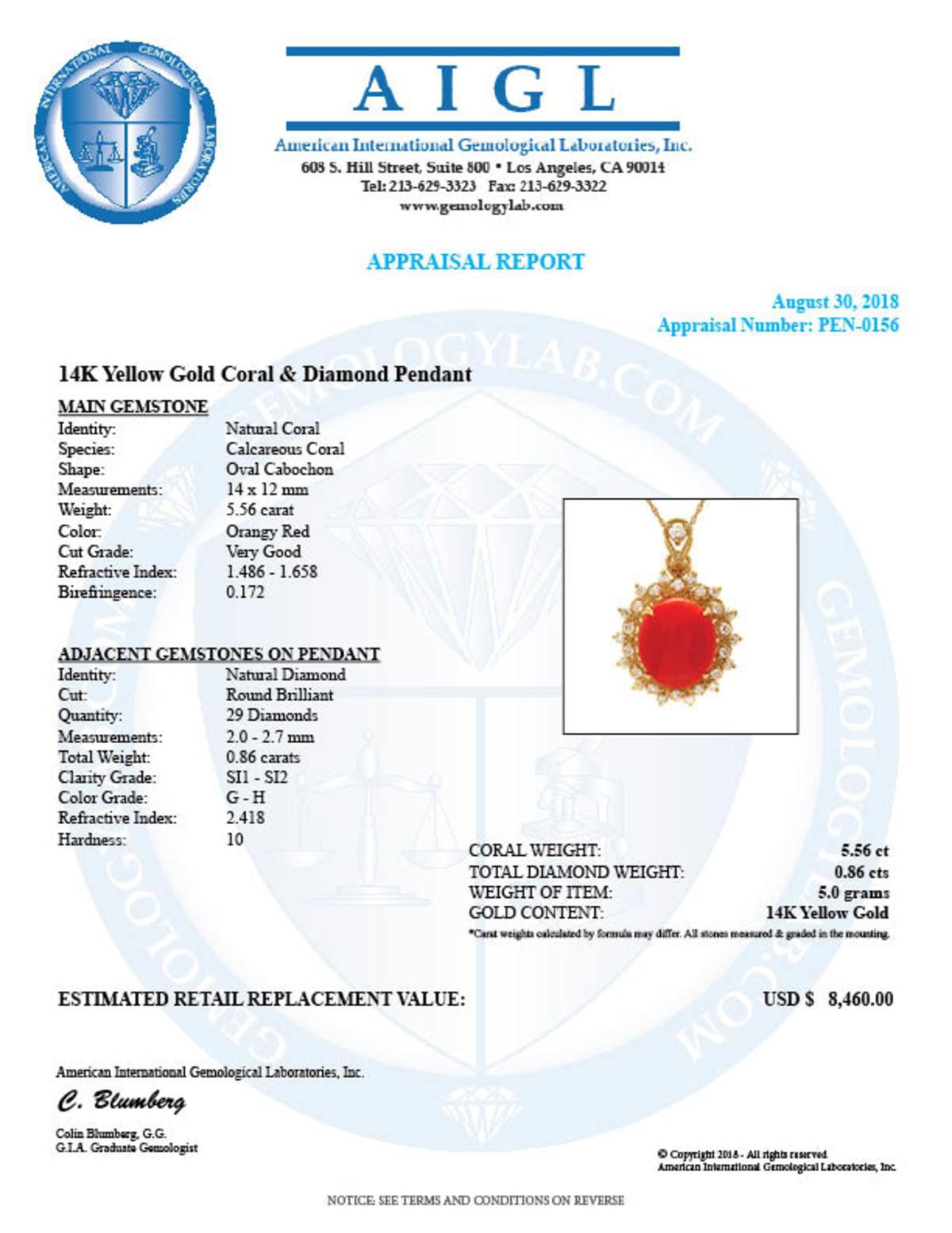 14K Gold 5.56ct Coral 0.86ct Diamond Pendant