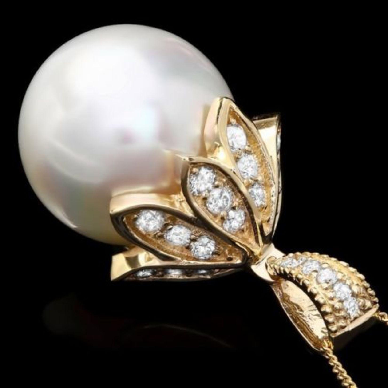 14K Gold 16MM Pearl 1.25ct Diamond Pendant