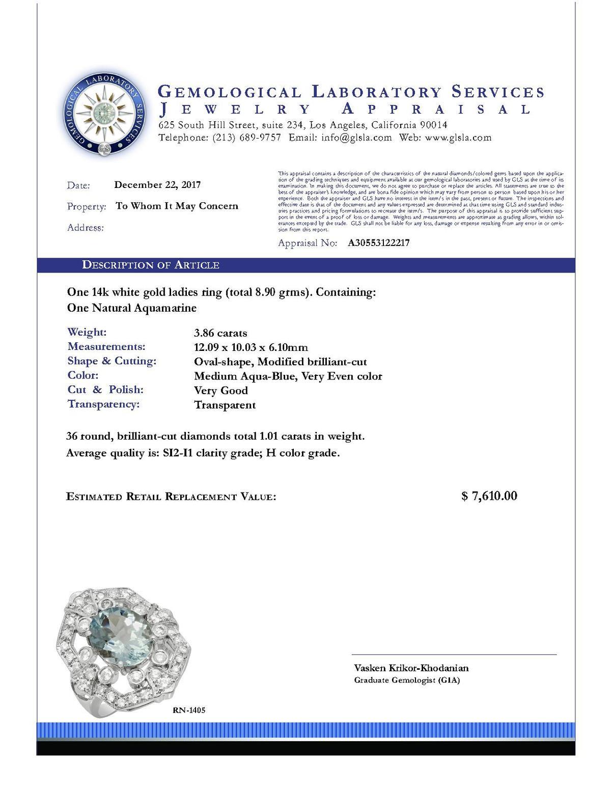 14k White Gold 3.86ct Aquamarine 1.01ct Diamond Ring