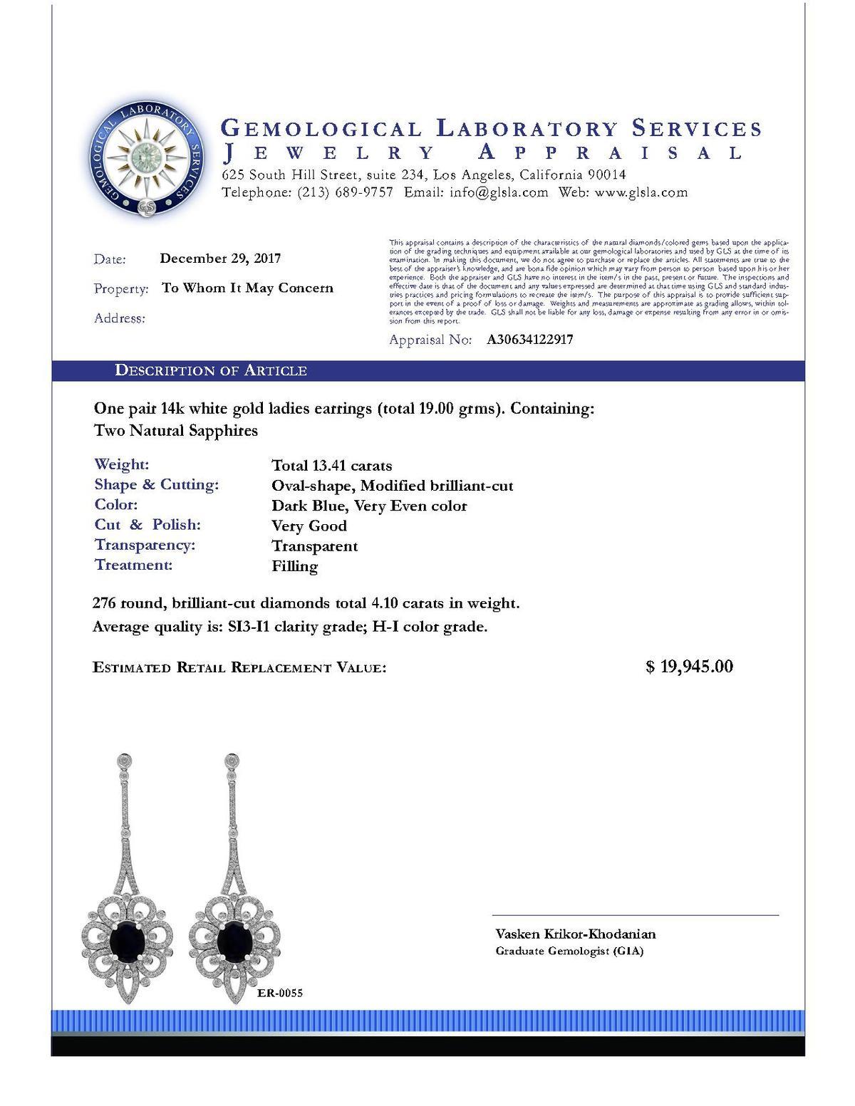 14k White Gold 13.41ct Sapphire 4.10ct Diamond Earrings