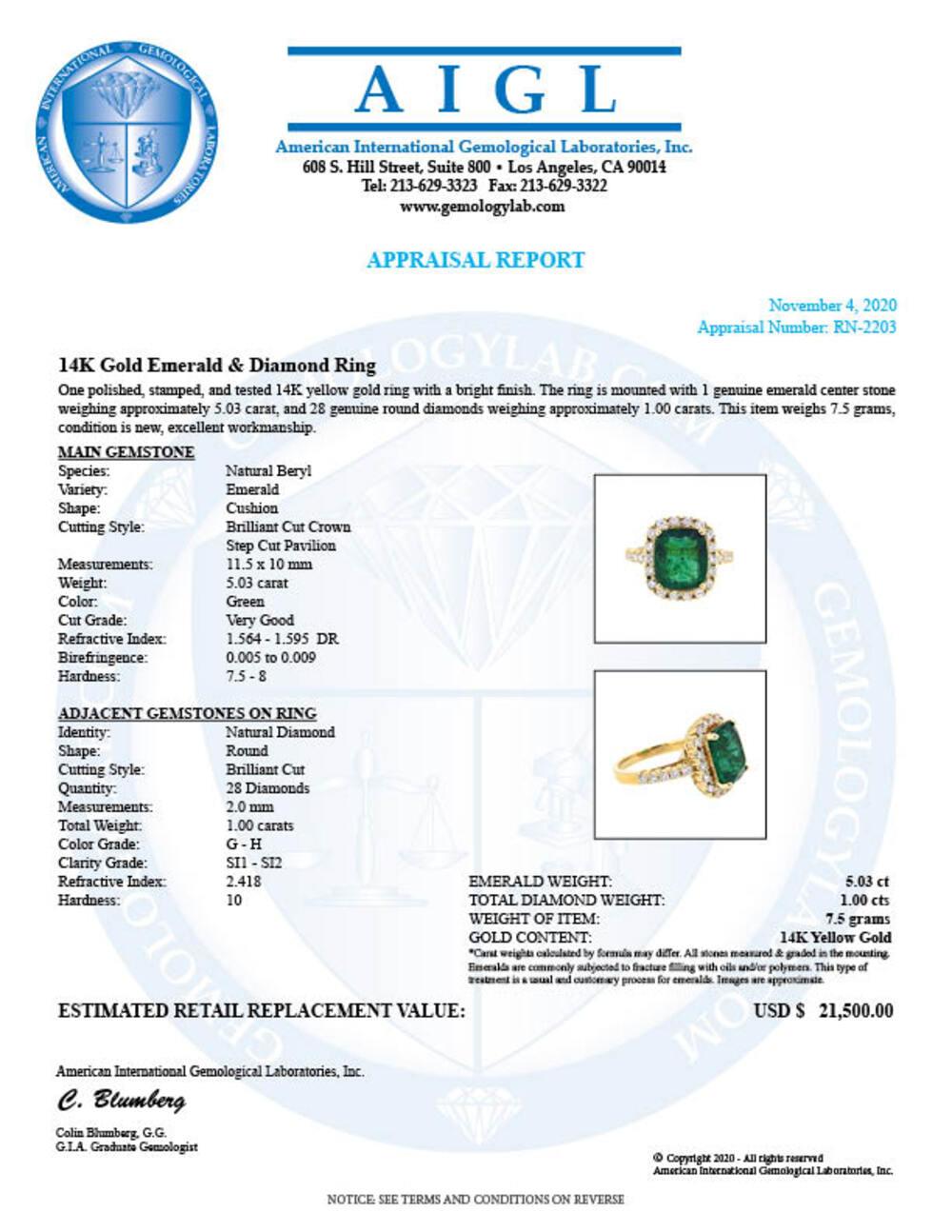 14K Yellow Gold 5.03ct Emerald and 1.00ct Diamond Ring