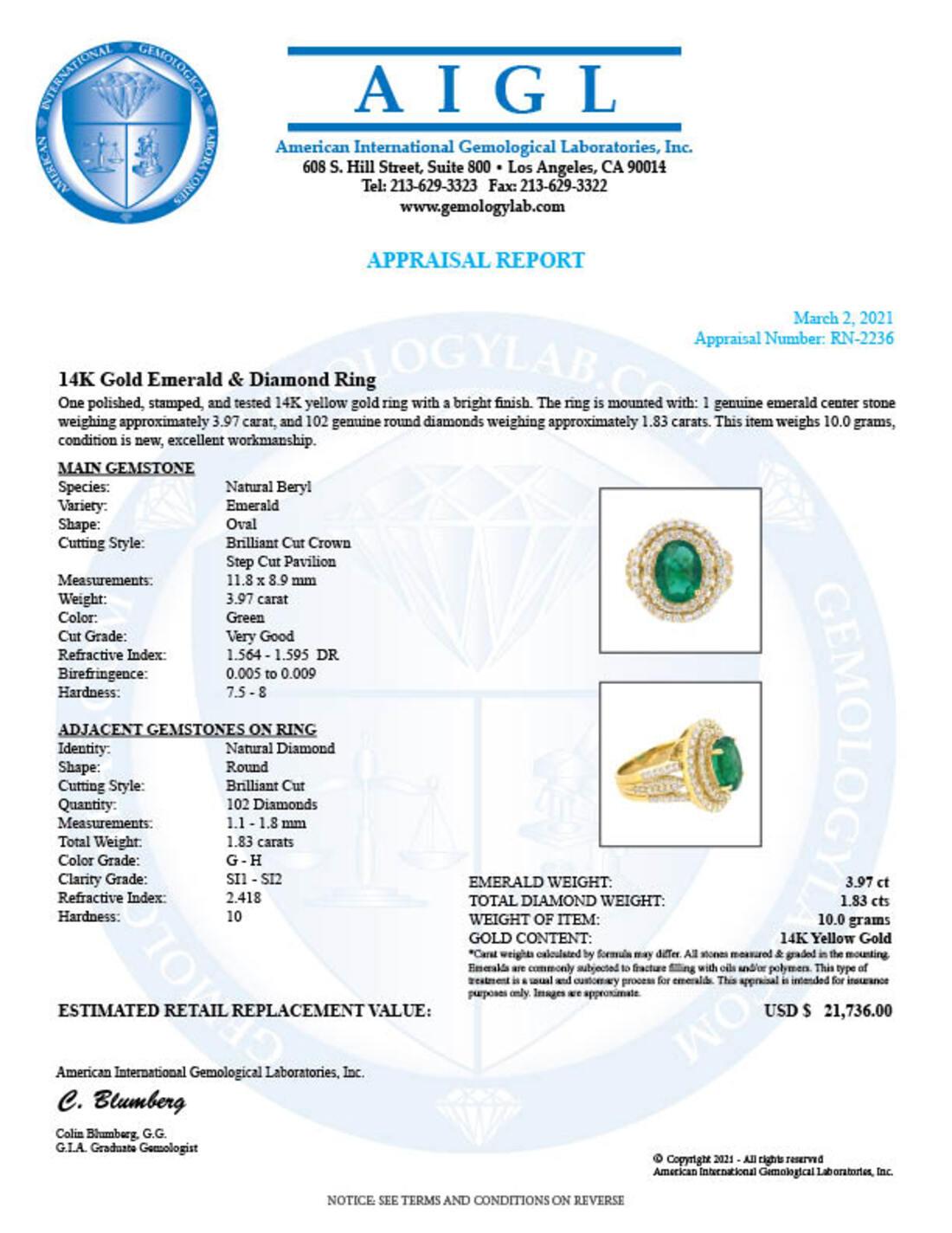 14K Yellow Gold 3.97ct Emerald and 1.83ct Diamond Ring