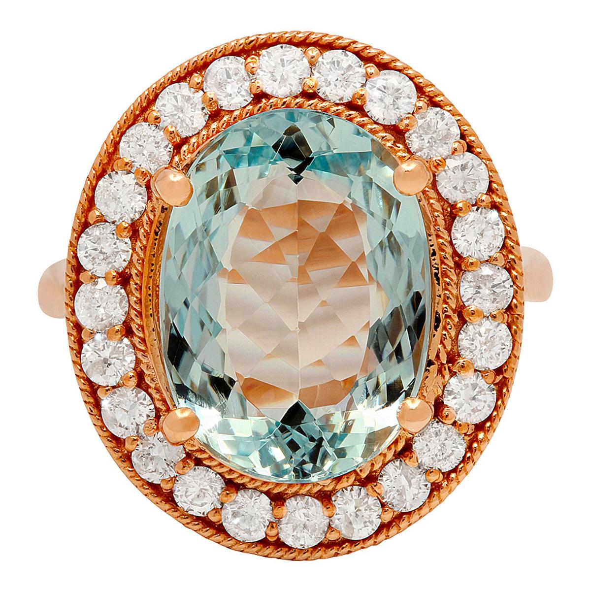 14k Rose Gold 7.65ct Aquamarine 1.05ct Diamond Ring