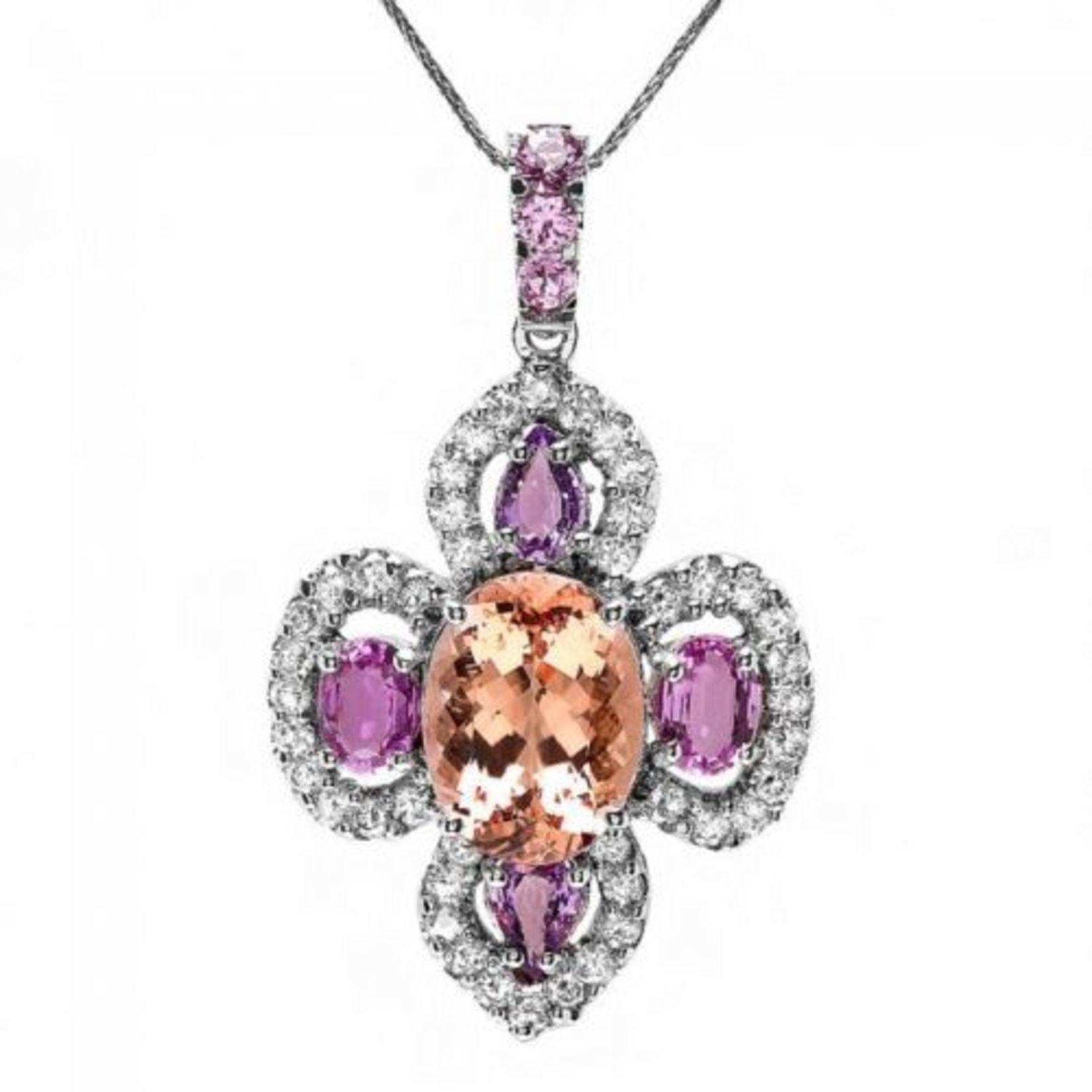 14K Gold 7.17ct Morganite 4.07ct Sapphire and 2.13ct Diamond Pendant