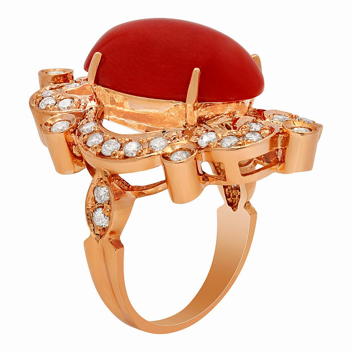 14k Rose Gold 9.64ct Coral 1.22ct Diamond Ring