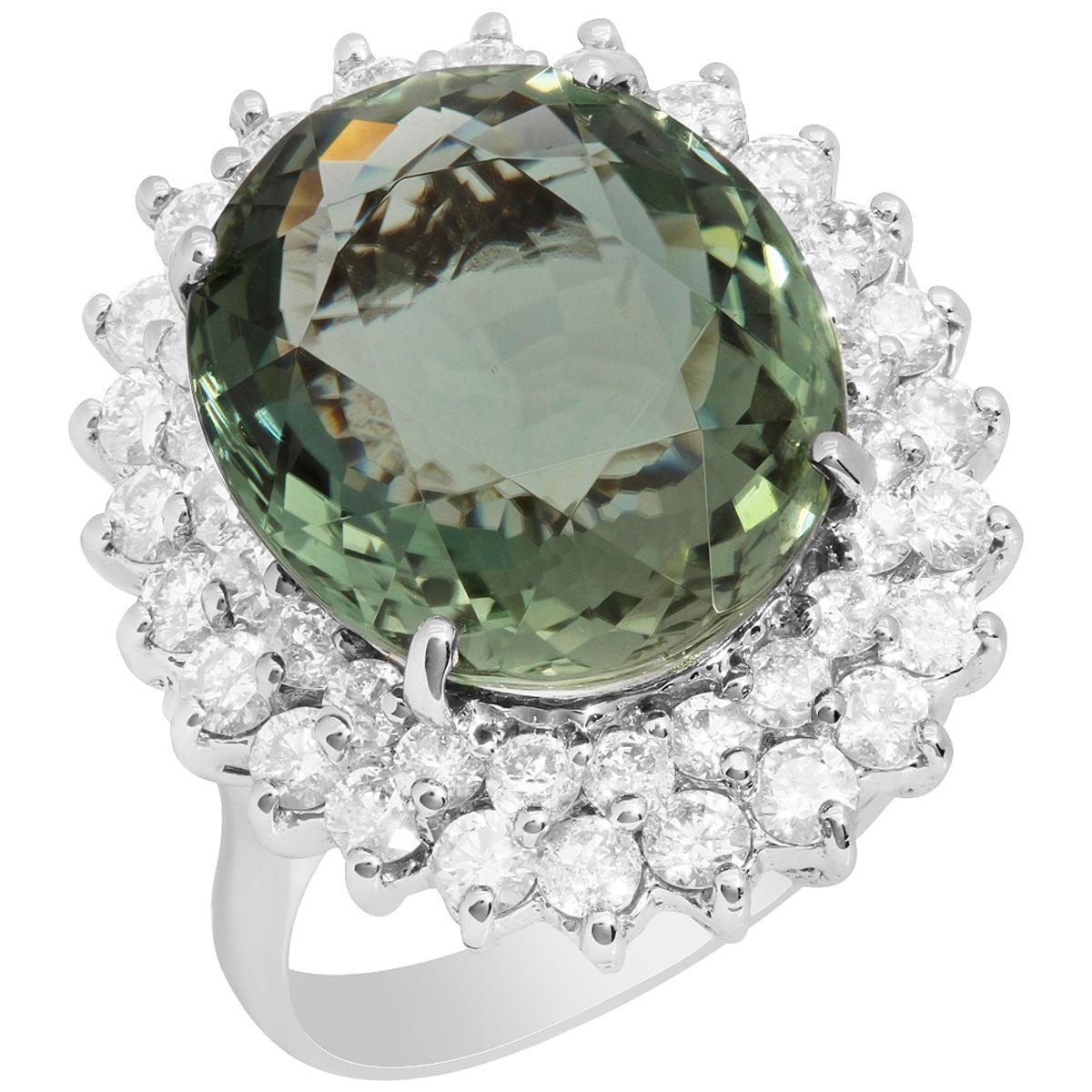 14k White Gold 11.11ct Green Tourmaline 2.11ct Diamond Ring