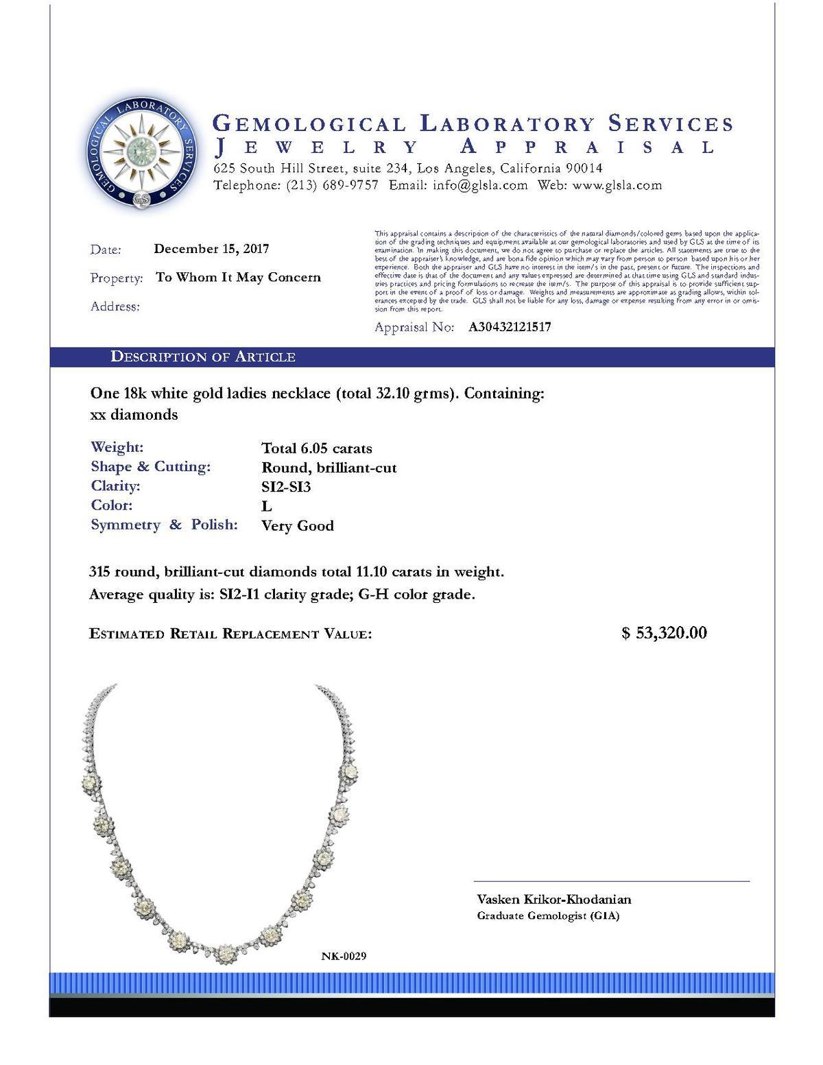 14k White Gold 6.05ct & 11.10ct Diamond Necklace