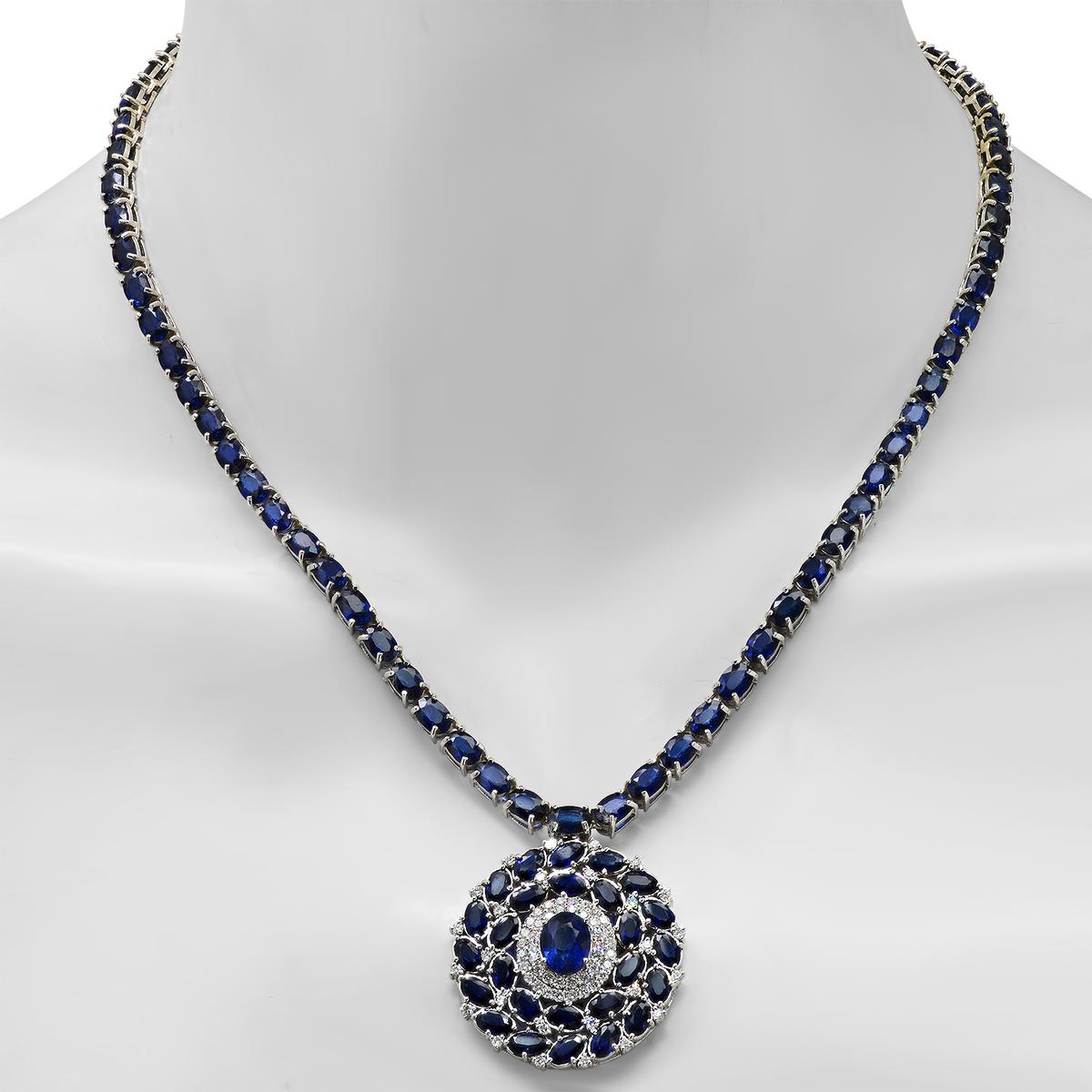 14K White Gold 50.26ct Sapphire and 1.36ct Diamond Necklace