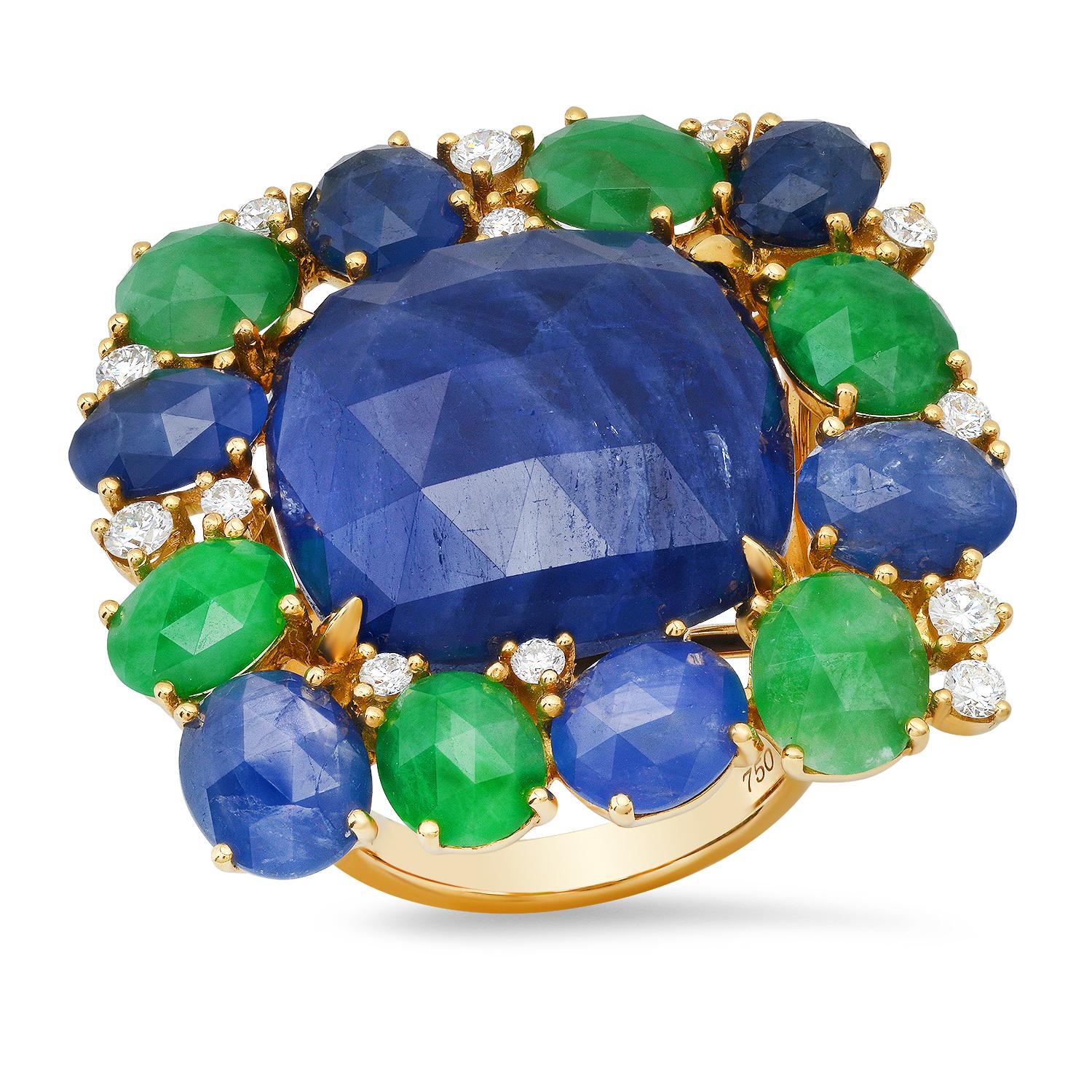 18K Yellow Gold Setting with 18.48ct Sapphire, 3.90ct Emerald and 0.81ct Diamond Ladies Ring