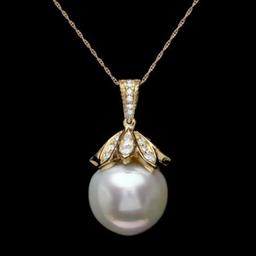 14K Gold 17mm Pearl 1.22ct Diamond Pendant